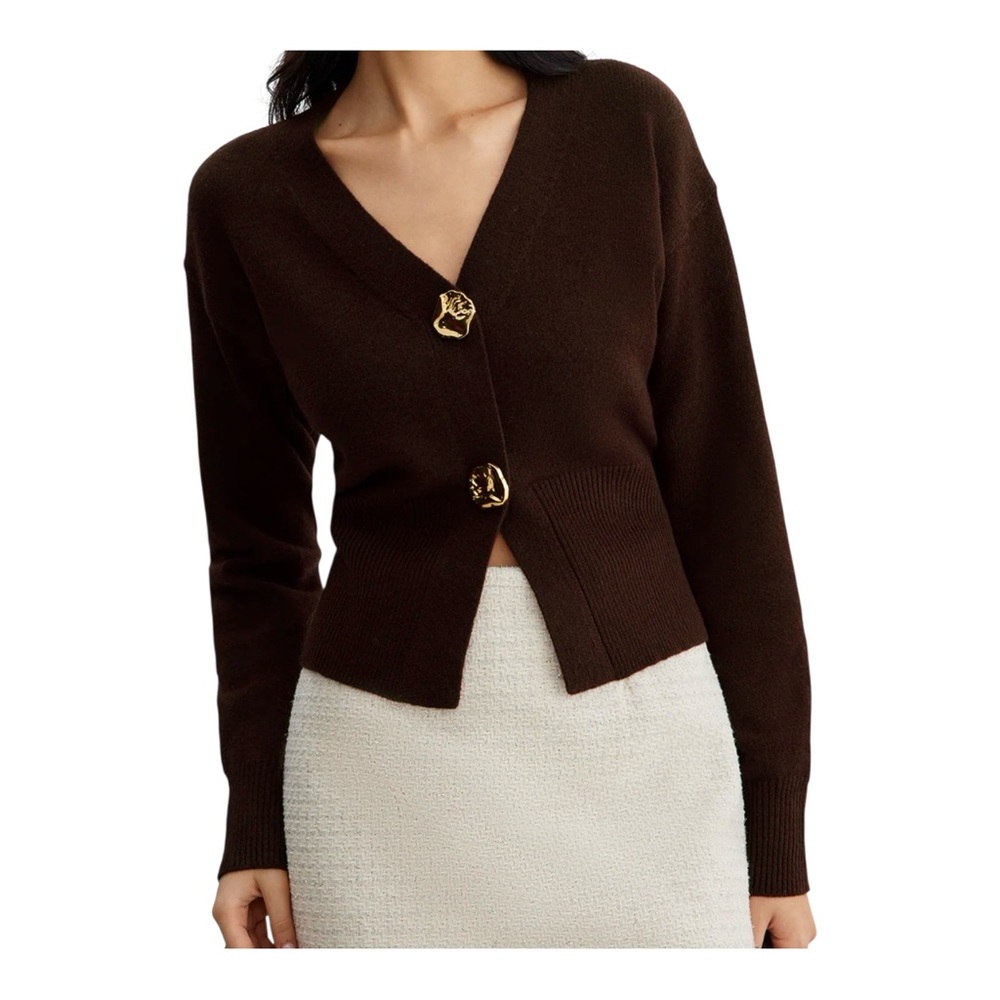 NWT Commense Dark Brown Short Cardigan with Gold Metal Buttons Sz M